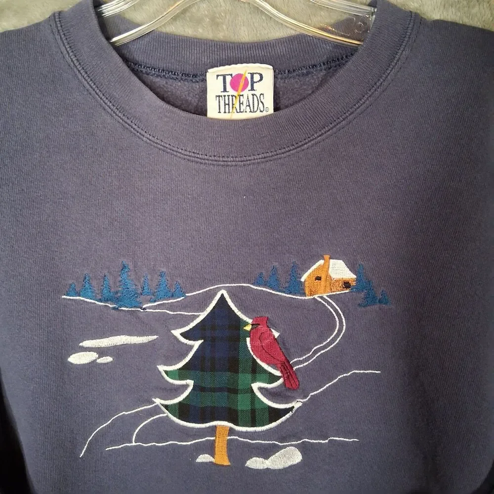 Vtg Made In USA Top Threads Sweater Mens Large Christmas Style Embroidery Purple